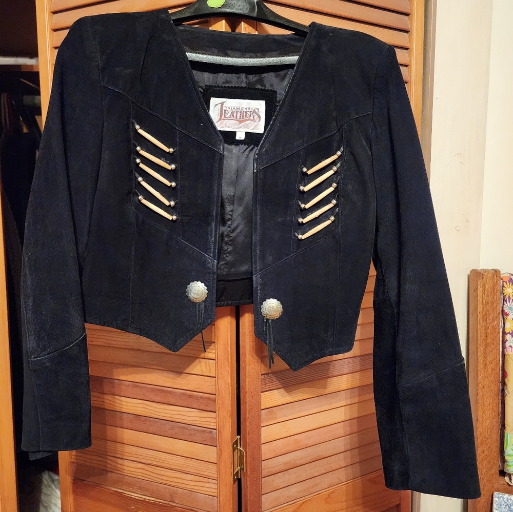 Diamond Leathers Black Decorated Western Style Suede Jacket. Size Medium.